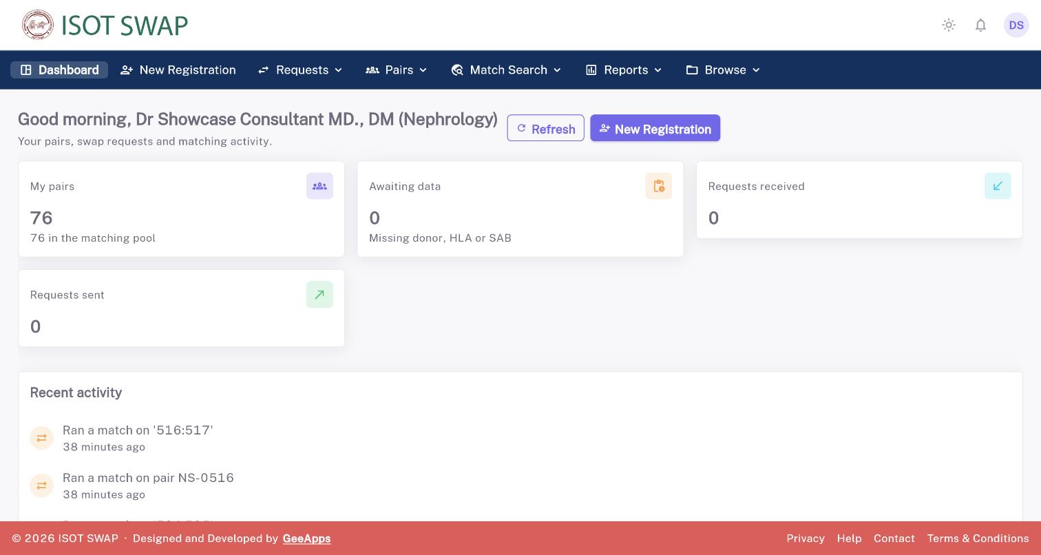The consultant dashboard: counters for registered pairs, pairs awaiting data, and requests sent and received, above a recent activity list.